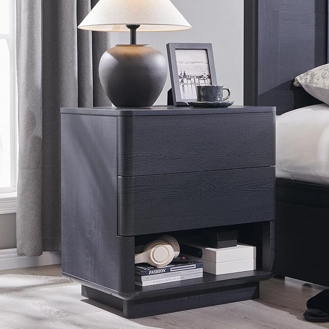 Nightstand with Charging Station, 22" Push-to-Open Bedside Table with 2 Storage Drawers, Large Modern End Table for Bedroom,Black-Ruum Studio Home