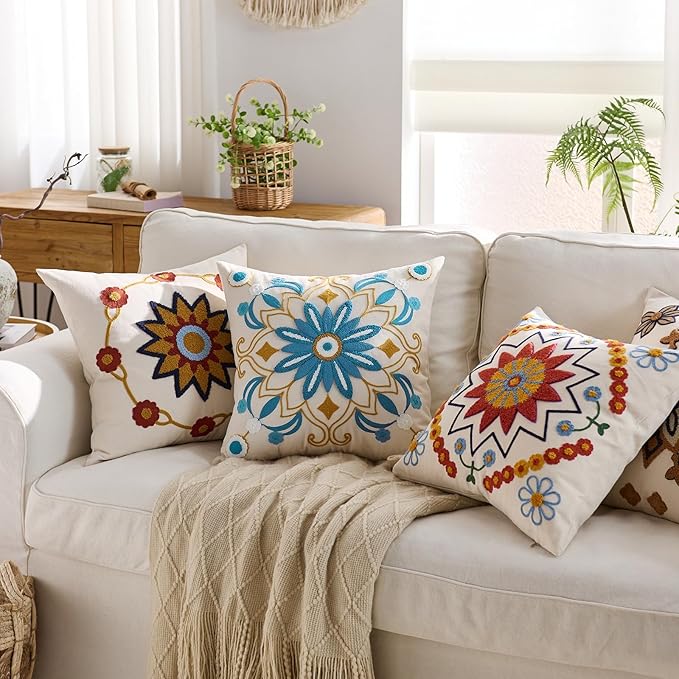 Embroidered Throw Pillow Cover 18x18 Classic Boho Floral Pattern Pillows Cover Outdoor Decorative Pillowcase,Durable Cozy Textured Cushion Case for Sofa Couch Bed Living Room,Teal-Ruum Studio Home
