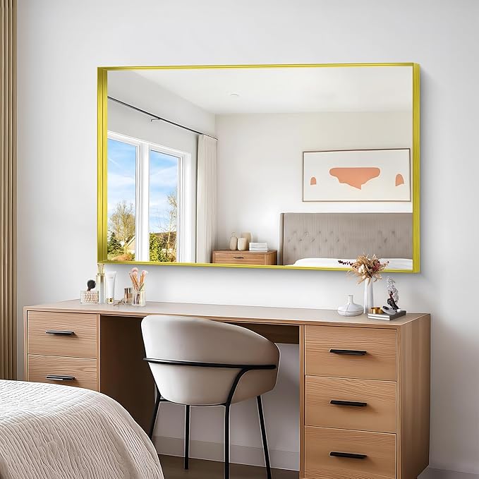 Gold Bathroom Mirror, 36x55 Inch Rectangular Deep Frame Mirror, Large Wall Mounted Bathroom Vanity Mirror Over Sink for Bedroom,Restroom, Living Room, Hangs Vertically or Horizontally-Ruum Studio Home