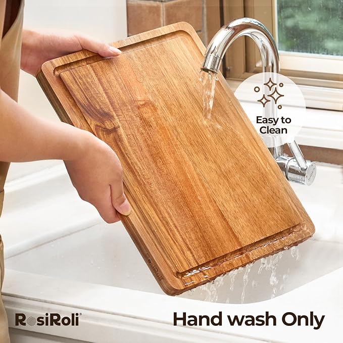 Acacia Wood Cutting Board for Kitchen - 1 inch Thick FSC Certified Wood Charcuterie Cheese Board with Side Handles and Juice Grooves, Wooden Chopping Block for Meat and Veggies, 17x12 inch-Ruum Studio Home