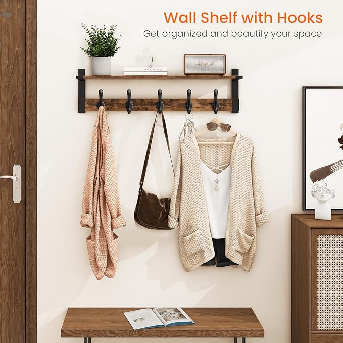 Homode Coat Rack Wall Mount, 29 Inch Long Shelf with Hooks, Wood Entryway Shelf with 5 Hangers for Hanging Hat Jacket Backpack Purse, Rustic Brown Black-Ruum Studio Home