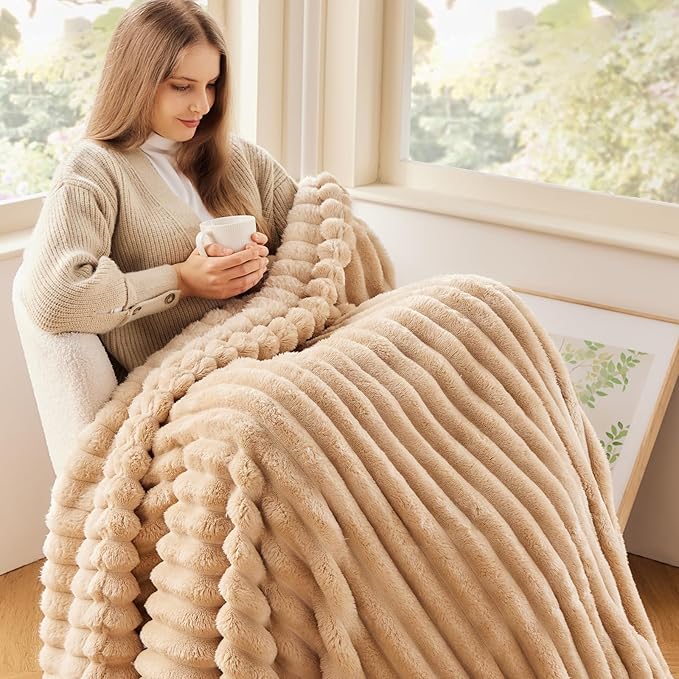 NEWCOSPLAY Super Soft Twin Blanket Brown Premium Silky Flannel Fleece 3D Ribbed Jacquard Lightweight Bed Blanket All Season Use (Brown Ribbed, Twin(60"x80"))-Ruum Studio Home