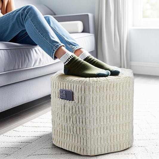 Hexagon Pouf Ottoman Stuffed with 2 Pockets & Handle, Comfort Corduroy Poufs, Non-Slip Foot Stool Storage Ottoman, Foam Floor Poufs Foot Rest for Couch, Bedroom (Beige)-Ruum Studio Home
