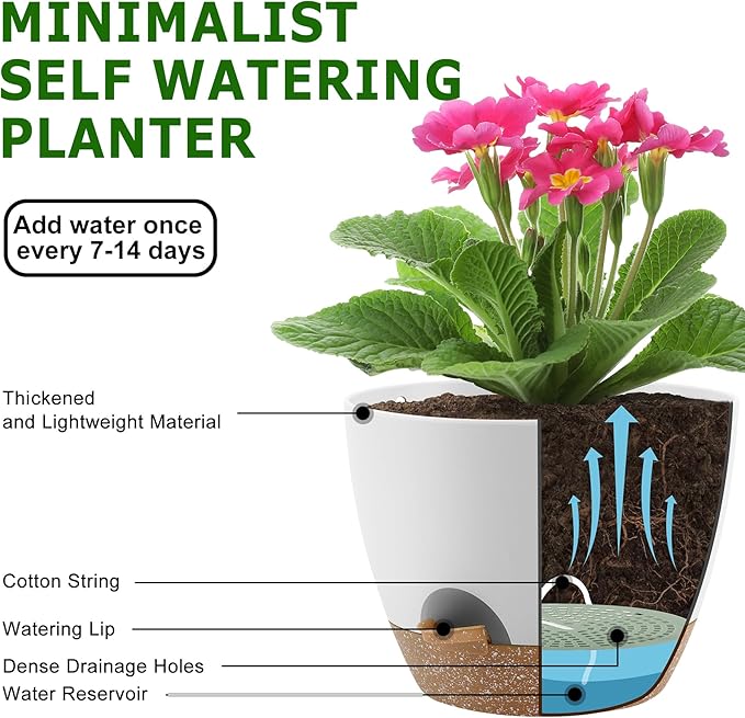 Plant Pots 10/9/8/7.5/7 Inch Self Watering Pots, Set of 5 Plastic Planters with Drainage Holes and Saucers,Plastic Flower Pots,Nursery Planting Pot for Indoor Out Door Plants（White）-Ruum Studio Home
