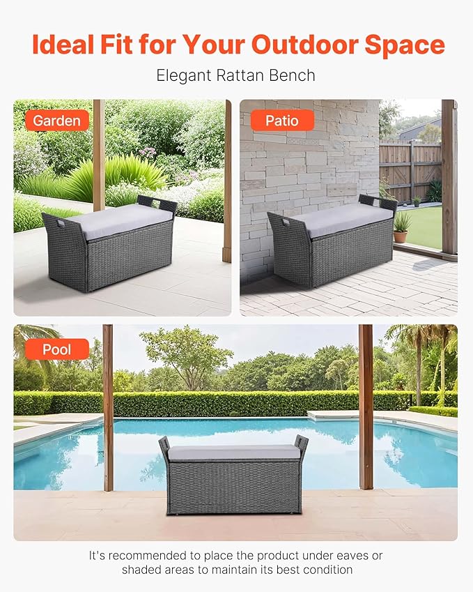 VEVOR Outdoor Storage Bench, 2-Person PE Rattan Storage Bench, 40 Gal Deck Box with Cushion & Side Handle, Supports up to 400 lbs, Weatherproof Outdoor Seating & Porch Decor for Patio Garden Balcony-Ruum Studio Home
