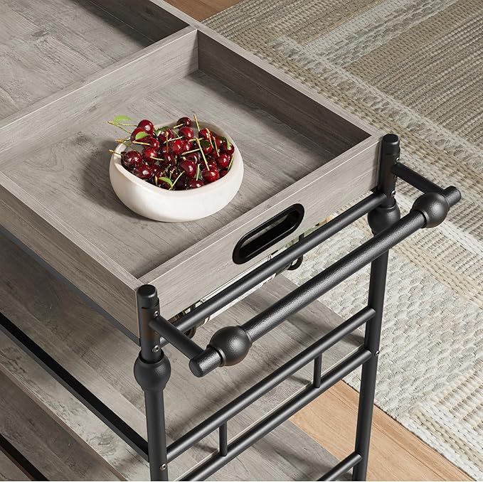 GarveeHome Bar Cart, Bar Carts for The Home, 3 Tier Serving Cart with Wheels, Home Bar & Serving Carts, Metal Rolling Cart with Wine Rack & Removable Tray for Kitchen, Dining Room, Living Room-Grey-Ruum Studio Home