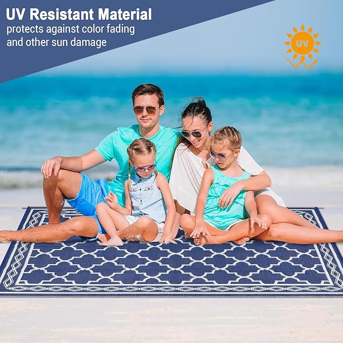 GAOMON Outdoor Rug 9'x12' Waterproof Rug for Patio Decor, Foldable Reversible Plastic Straw Area Rugs Mat for Camper, Outside Carpet for Deck, Porch, Picnic, Beach, Navy/White(Geometric)-Ruum Studio Home