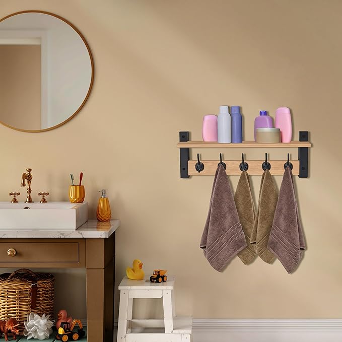 Sorbus Coat Hooks Wall Mount with Shelf – 24 Inch Coat Rack Wall Mount with 5 Heavy Duty Hooks – Floating Wall Shelf with Hooks for Entryway, Bathroom, Bedroom, Kitchen, or Mudroom (Maple Wood)-Ruum Studio Home