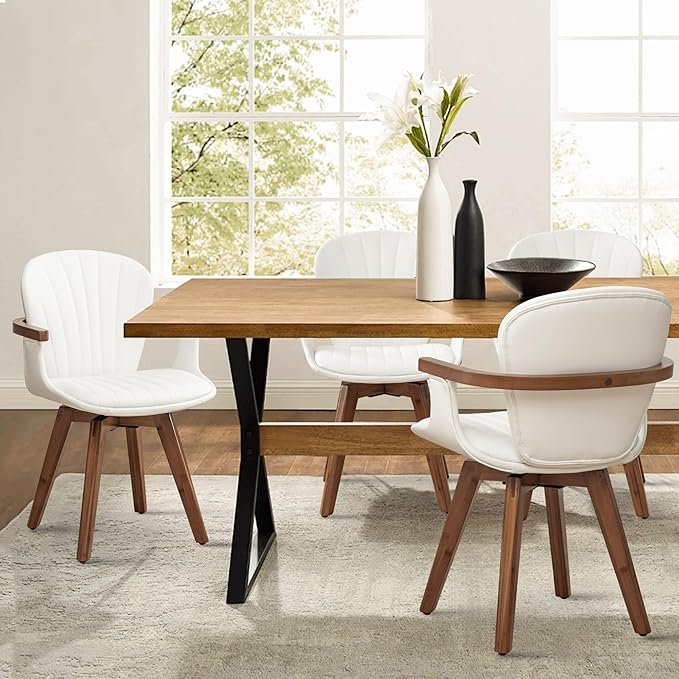 LUNLING Swivel Dining Chairs Set of 4, Mid Century Modern White Faux Leather Kitchen Chairs with Arms,Bamboo Legs Side Chairs No Wheels,Accent Chair for Dining Rooms and Offices-Ruum Studio Home