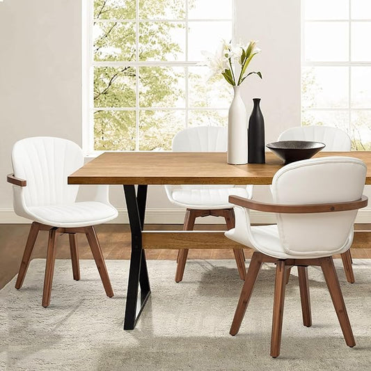 LUNLING Swivel Dining Chairs Set of 4, Mid Century Modern White Faux Leather Kitchen Chairs with Arms,Bamboo Legs Side Chairs No Wheels,Accent Chair for Dining Rooms and Offices-Ruum Studio Home
