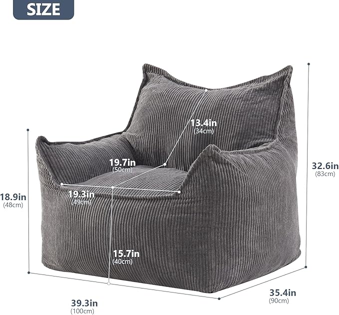 Giant Bean Bag Chair Sofa for Adults Teens, Comfy Corduroy Large Bean Bag Chairs with Armrests for Bedroom Living Room, Adult BeanBag Lazy Sofa Couch Chairs with Filler Included-Ruum Studio Home