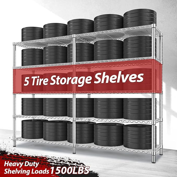 REIBII 1500LBS Storage Shelves 61.7''W Wire Shelving Unit 5 Tier Metal Shelving for Storage Rack Shelves Heavy Duty Garage Shelf Pantry Shelves Kitchen Shelving, 61.7" W*72.4" H*15.8" D, Chrome-Ruum Studio Home