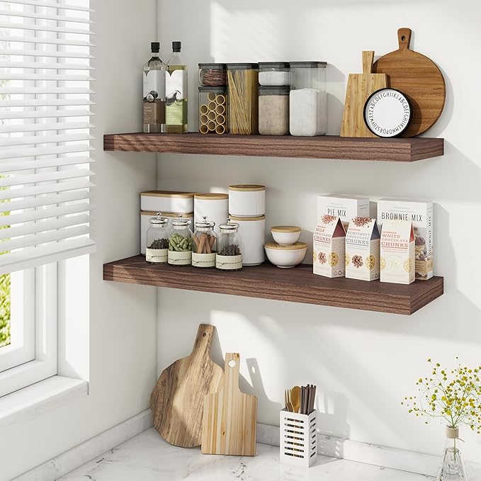 Fun Memories Floating Shelves for Wall, 32 Inch Rustic Wood Wall Mounted Shelves for Bathroom, Bedroom, Kitchen, Living Room, Deep Floating Shelves for Storage & Home Decor (Walnut, Set of 2)-Ruum Studio Home