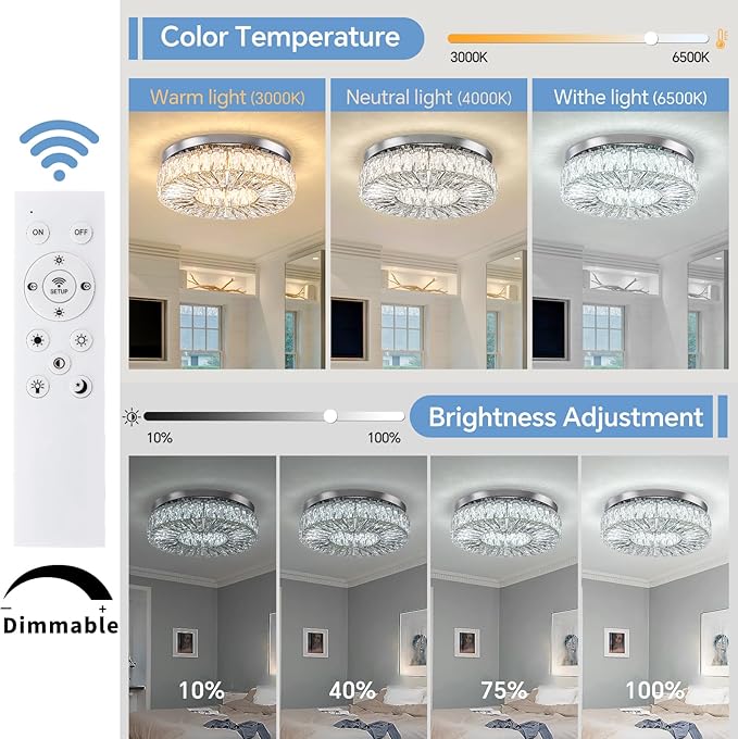 16.5 Inch Dimmable Chandelier with Remote Control LED Crystal Chandelier Modern Flush Mount Ceiling Light Fixtures for Living Room Bedroom Dining Room Entrance (dimmable-16.5")-Ruum Studio Home