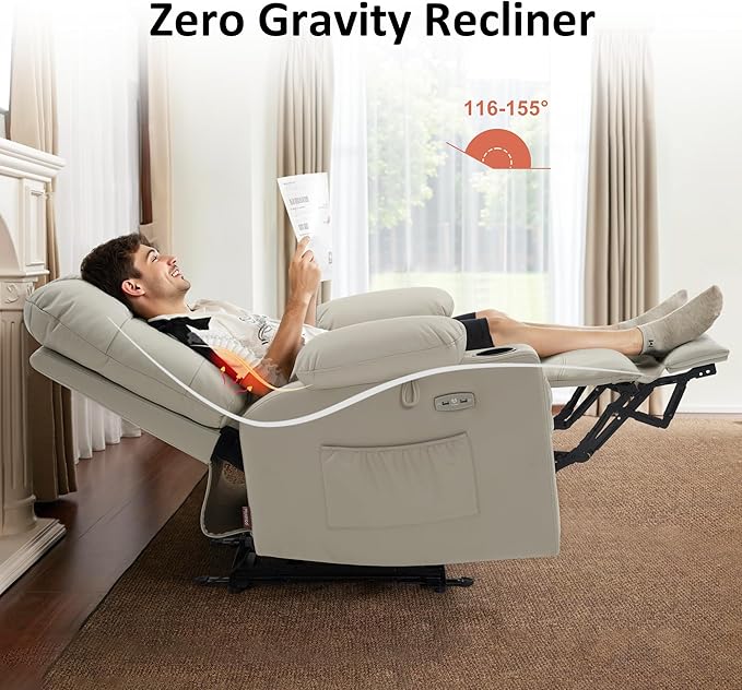 MCombo Zero Gravity Power Recliner Chair with Heat and Vibration Massage, Reclining Chair with USB Ports, Cup Holders for Living Room, Faux Leather PR621 (Light Grey)-Ruum Studio Home