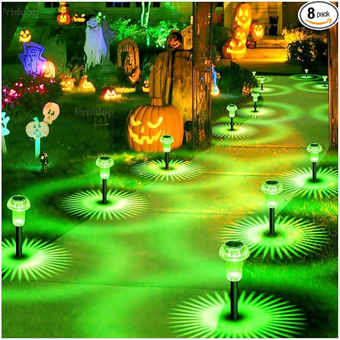 Halloween Solar Lights Outdoor 8 Pack Green LED Waterproof Mushroom Outside Lights for Yard Garden Patio Pathway Walkway Landscape Halloween Decorations-Ruum Studio Home