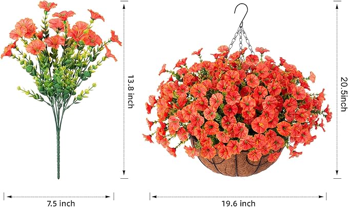 Artificial Fall Flowers Fake Hanging Plants Flowers Basket for Outdoors Autumn Decoration, Orange Silk Morning Glory with Eucalyptus Look Real UV Resistant Faux Flowers for Outside Porch Patio Balcony-Ruum Studio Home