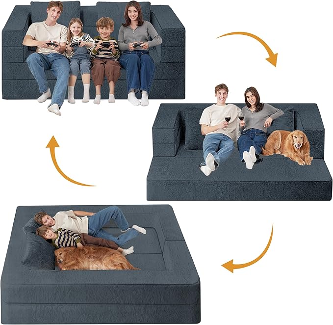 Folding Bean Bag Chair for Adults,3-in-1 Bean Bag Couch Faux Fur Floor Sofa Large Beanbag Convertible Bean Bag Sofa Bed with Pillow in Bedroom,Living Room,Apartment(Queen,Dark Grey)-Ruum Studio Home