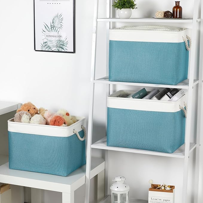 Bidtakay Large Storage Baskets for Shelves 3 Pack 16x11.8x11.8 Inch Storage Bins for Organizing Fabric Storage Cubes for Closet Clothes Basket Laundry-White&Teal-Ruum Studio Home