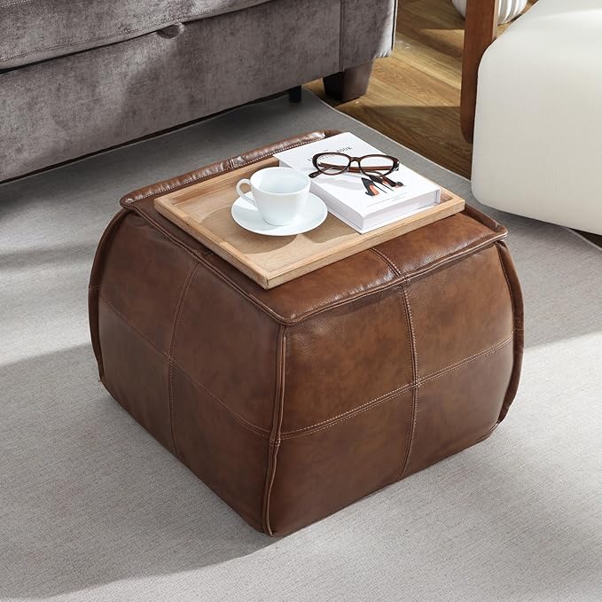 Leather Ottoman,Handmade Stuffed Square Ottoman,Genuine Leather Pouf, Foot Rest Pouf,Comfortable Soft Seating for Living Room & Bedroom (Brown, Square)-Ruum Studio Home