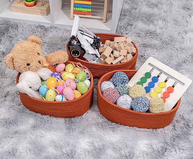 Shelf Storage Baskets for Organizing|Decorative Basket for Closet Storage|Toy Baskets&Bins|Small Woven Rope Baskets-13x8.66x5.11’’,Durable&Stylish,Oval 3 Packs Brick Red-Ruum Studio Home