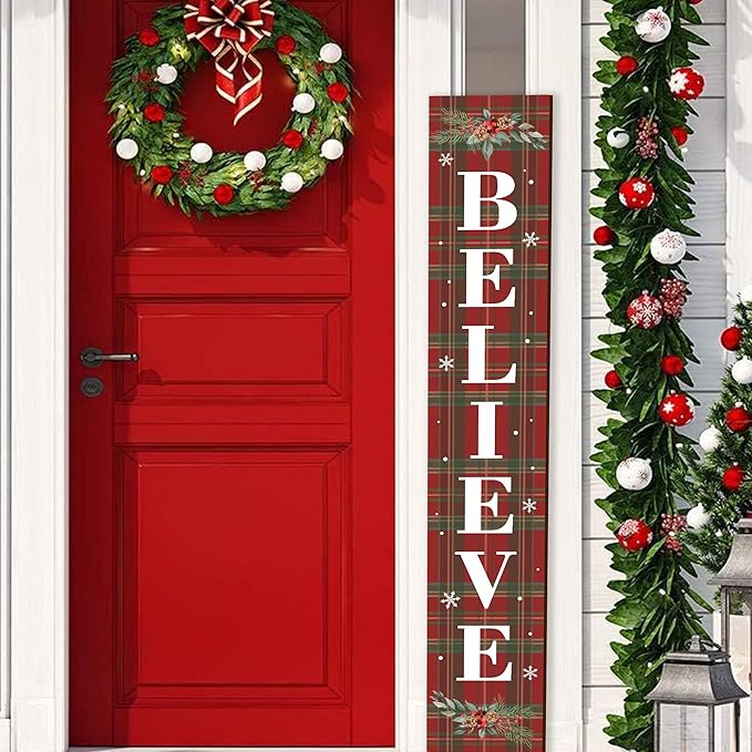 Winter Believe Porch Board Welcome Sign for Front Buffalo Plaid Door Porch Deck Patio or Wall - Indoor Outdoor Decorative Farmhouse Rustic Vertical Porch and Yard Decor - 47.2"H-Ruum Studio Home