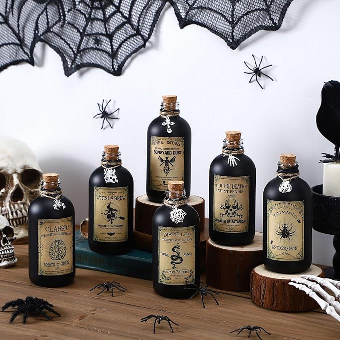 Uiifan 31 Pcs Halloween Potion Bottles Set Including Glass Apothecary Bottles with Cork Stickers and Pendants Halloween Decorations Indoor Party Supplies (Black,8.5 oz)-Ruum Studio Home