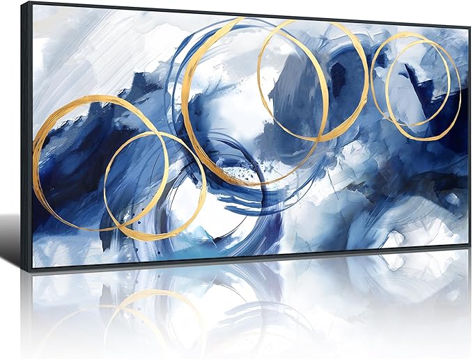 AJAZIKO Large Framed Canvas Wall Art Blue Abstract Wall Art Pictures for Living Room Bedroom Kitchen Office Decor 29x58 In Navy Gold Modern Paintings-Ruum Studio Home