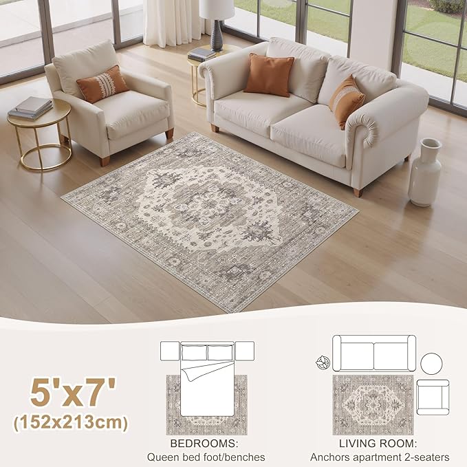 Washable Area Rugs for Living Room - 5x7 Neutral Vintage Distressed Floral Farmhouse Boho Large Soft Floor Rug Indoor Non Slip Carpet for Living Room Bedroom Dining Room Office -Brown/Beige-Ruum Studio Home
