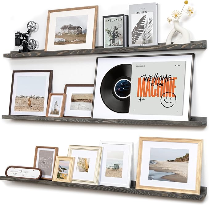 Picture Ledge Wall Shelves 48 Inches Width Set of 3, Solid Pine Wood Rustic Floating Ledge for Kids' Room Bedroom Kitchen Bathroom, Long Floating Shelves for Wall Decor, Grey-Ruum Studio Home
