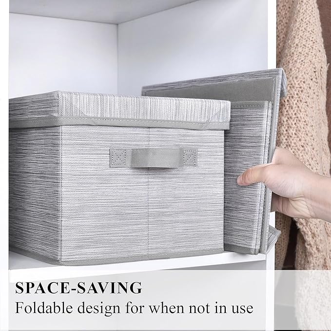 WUIKE Storage Bins with Lids, Collapsible Stackable Storage Bins with Handles, Clothing Storage Containers for Closet, Fabric Shelf Baskets, Large, Light Gray/Slub Gray, 3-Pack-Ruum Studio Home
