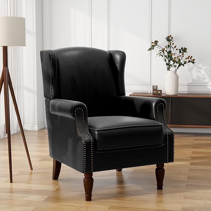UIXE Faux Leather High Back Accent Chairs Set of 2, Upholstered Armchair for Living Room, Retro Wingback Arm Chair Nailhead Trim Single Sofa Bedroom Reading Seat with Solid Wood Legs - Black-Ruum Studio Home