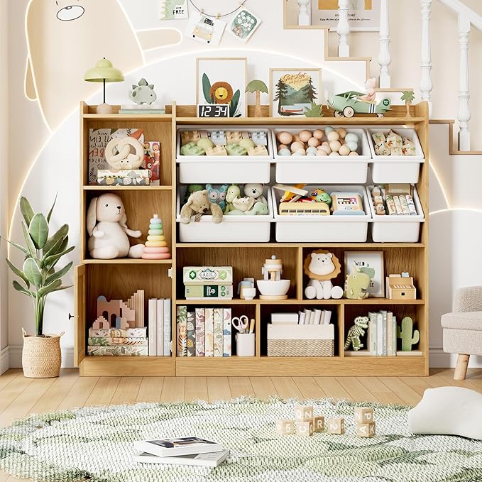 Toy Storage Organizer, 55” Wide Toy Organizers and Storage with 8 Storage Cubbies & 6 Toy Bins, Large Toy Box with Bookshelf, Playroom Storage for Playroom, Oak-Ruum Studio Home