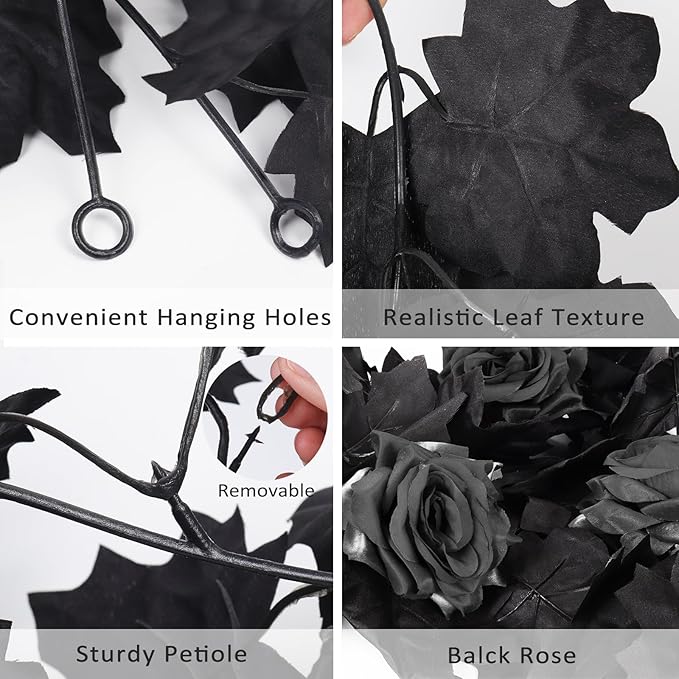 RECUTMS Black Artificial Flower Garland Fake Rose Vine Hanging Rose Vines Fall Maple Garland with Floral,Black Hanging Flowers for Gothic Wedding Decor Autumn Party Halloween Decor-Ruum Studio Home