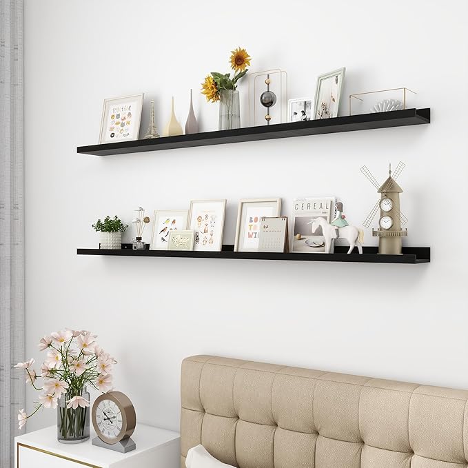 Picture Ledge Shelf, Wood Long Floating Shelves for Wall, Set of 2, 56 inch Picture Ledge Shelves, Photo Ledge Nursery Book Shelves Wall Mounted for Living Room Kids' Room Bedroom, Color Black-Ruum Studio Home