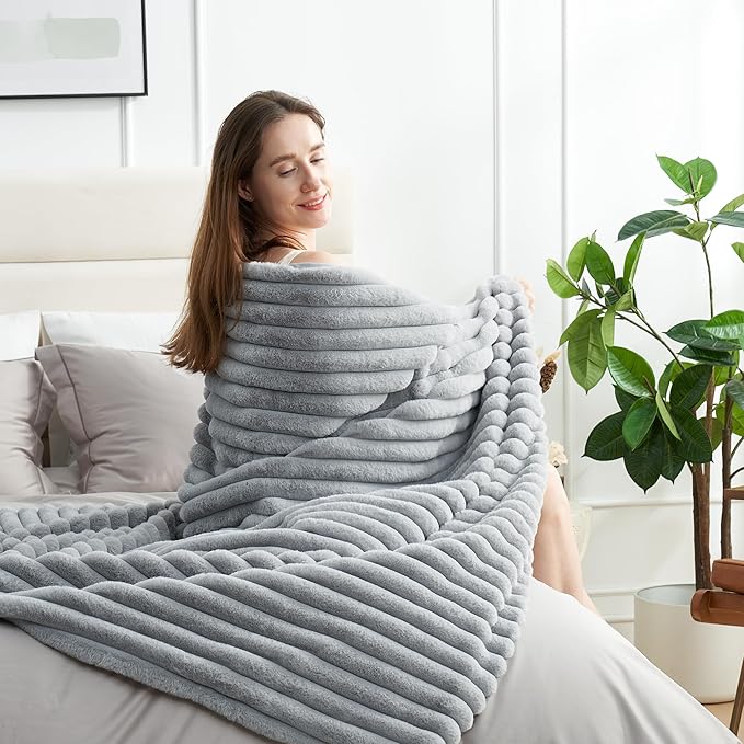 Amélie Home Faux Fur Throw Blanket for Couch, Cozy Fuzzy Fluffy Fur Luxurious Soft Striped Plush Gift Blankets for Family Sofa Chair Bed Living Room Bedroom, 55"x70", Light Grey-Ruum Studio Home