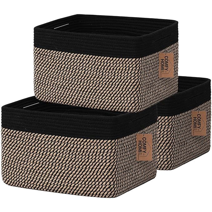 COMFY-HOMI 3PACK Cotton Rope Square Basket with Handles for Shelves|Dog Toy Bin and Storage|Baby Gift|Shoe Organizer|New 13.5" x 11" x 9.5" for Living Room (Black/Jute)-Ruum Studio Home