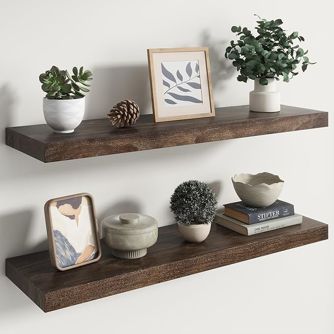 RICHFOCUS Elm Floating Shelves for Wall - 36" W x 9.3" D Rustic Solid Wood Shelves with Invisible Bracket, Wall-Mounted for Living Room, Bedroom, Kitchen Storage & Display, Set of 2, Walnut-Ruum Studio Home
