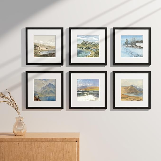 Vittanly 12x12 Picture Frames Set of 9, Shatter Resistant Plexiglass, Display 8x8 Pictures with Mat or 12x12 without Mat, Photo Frames for Wall Mount, Engineered Wood, Black-Ruum Studio Home