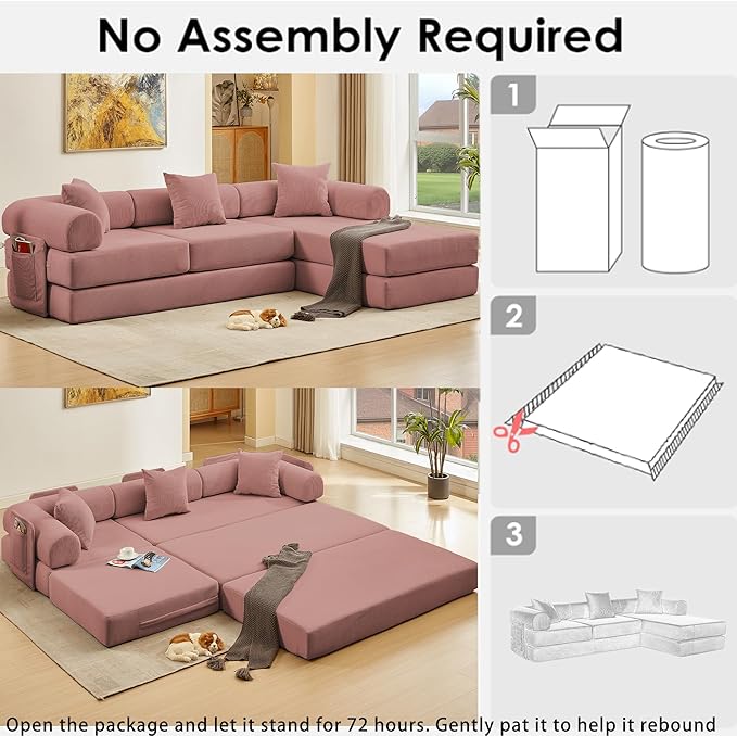 107" Oversized Convertible Sleeper Sofa Bed, Corduroy L Shape Sectional Couch, Folding Sofa Bed with Side Pocket, Modern Cloud Floor Mattress Couch, Modular Sofa for Living Room, Pink-Ruum Studio Home