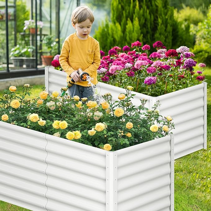 Galvanized Raised Garden Bed Outdoor, 2 Pcs 6x3x2FT Outdoor Large Planter Raised Beds Open Base with Safety Edge and Glove for Vegetables Flowers Ground Planter, White-Ruum Studio Home