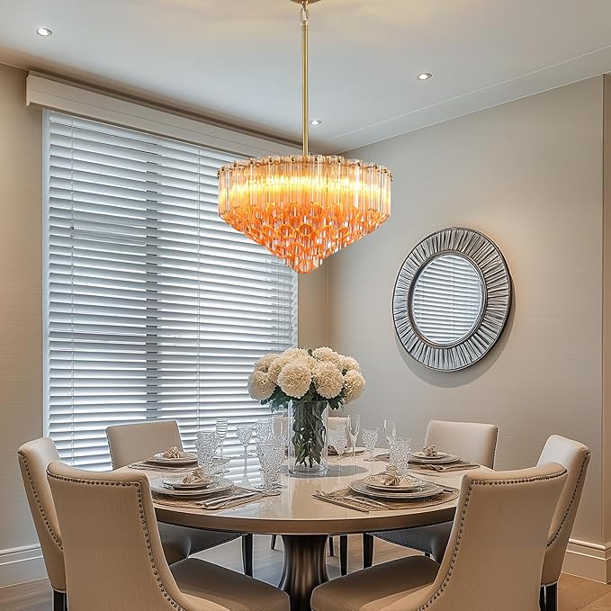 Modern Amber Glass Chandelier, 14" Round Crystal Dining Room Pendant Light Chandelier, Luxury Brass Hanging Fixture for Bedroom, Gold Kitchen Island Light, Dimmable Small Ceiling Lighting Chandeliers-Ruum Studio Home