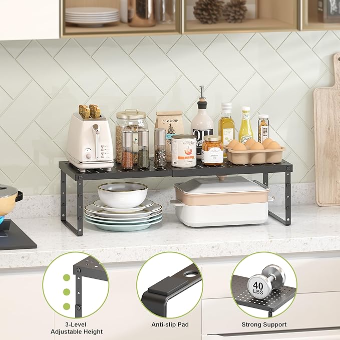 Expandable Cabinet Organizer Shelf With Adjustable Height, Stackable Kitchen Countertop Organizer Rack, Adjustable Shelf Riser For Kitchen Counter, Pantry, Cupboard, Desk, Tabletop-Ruum Studio Home