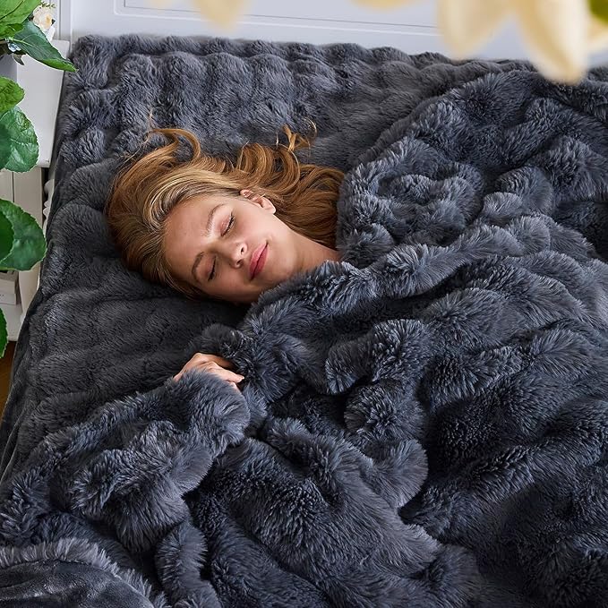 Lotus Karen Faux Fur Throw Blanket Dark Gray - Big Bubble Rabbit Fluff Blanket for Couch, Small Fluffy Fuzzy Cozy Blanket, Thick Furry Plush Shaggy Blankets, 50x60 Inches-Ruum Studio Home