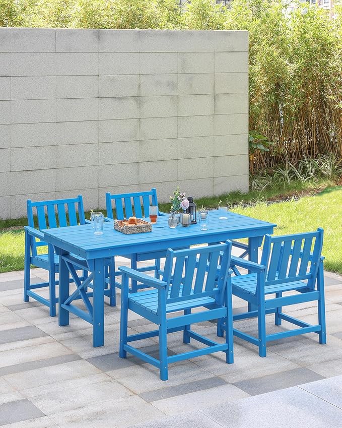 HDPE Patio Dining Set, 5-Piece Outdoor Table and Chairs with Umbrella Hole, Modern Outdoor Dining Set for 4, HDPE Outdoor Patio Furniture Dining Sets for Deck, Poolside, Porch, Sky Blue-Ruum Studio Home