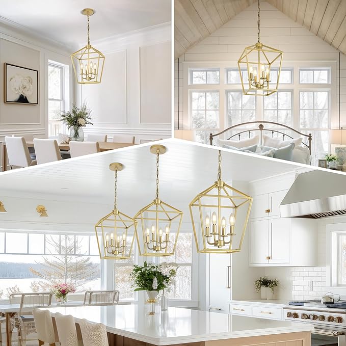 4 Light Gold Chandelier, Industrial Ceiling Light Lantern Light Fixtures with Farmhouse Metal Cage Adjustable Height Rustic Geometric Hanging Light E12 Base for Kitchen Island, Entryway, Indoor-Ruum Studio Home