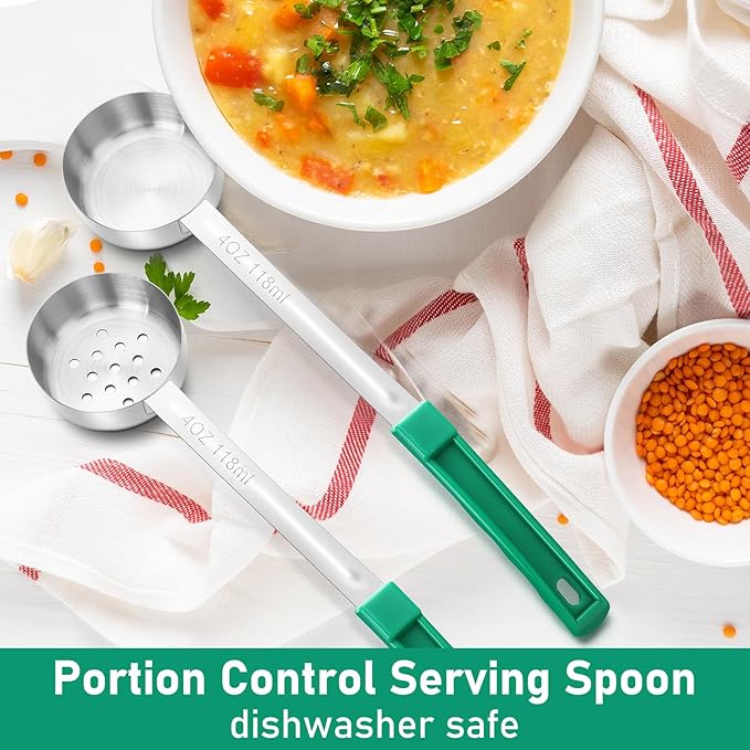 16 Pcs Portion Control Serving Spoons, Restaurant Measuring Serving Ladle Utensils, Portion Control Slotted Scoops for Weight Loss, Solid and Perforated Scoops(Green,4 oz)-Ruum Studio Home