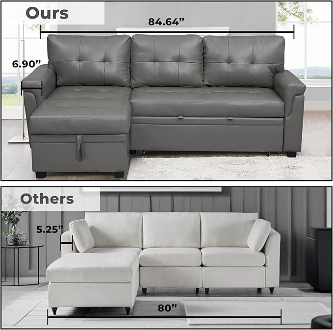 Naomi Home L-Shaped Reversible Sectional Sofa with Pull-Out Sleeper Bed and Storage Chaise, Gray Air Leather-Ruum Studio Home