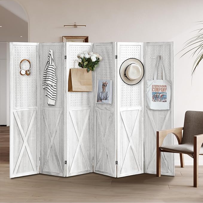 6 Panel Pegboard Room Divider, 5.6Ft Pegboard Display Folding Privacy Screens, Wood Room Divider Peg Board Display Freestanding for Trade Show Craft Show Home Wall Organizer, Retro White-Ruum Studio Home