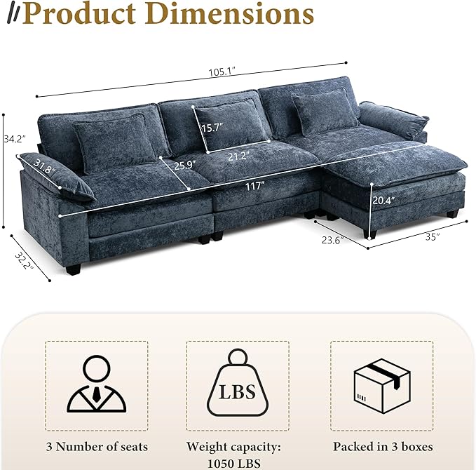 URRED Modular Sectional Sofa Comfy Cloud Couch, Modern Chenille Sofa Sleeper Deep Seat Couches with Ottoman/Pillows for Living Room (Blue, 117''- L Shape)-Ruum Studio Home